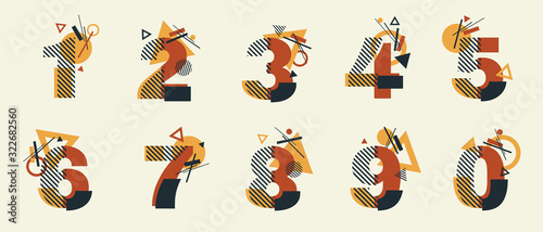 Vector Constructivism Abstract Number Set - digits 1, 2, 3, 4, 5, 6, 7, 8, 9, 0 with geometric composition. Unique collection for wedding invites, flyers, banners, posters, magazines, conceptual ideas