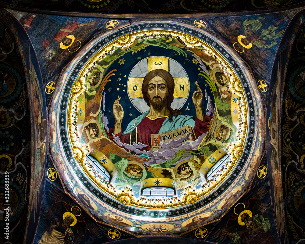 The main dome of the Church on the Spilled Blood depicts Jesus Christ in bold colors