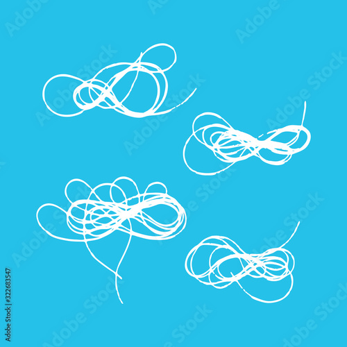 Set of tangled threads. Thread scribble nest, cloud. Outline abstract scrawl sketch. Vector illustration of chaotic doodle shapes. EPS 10.