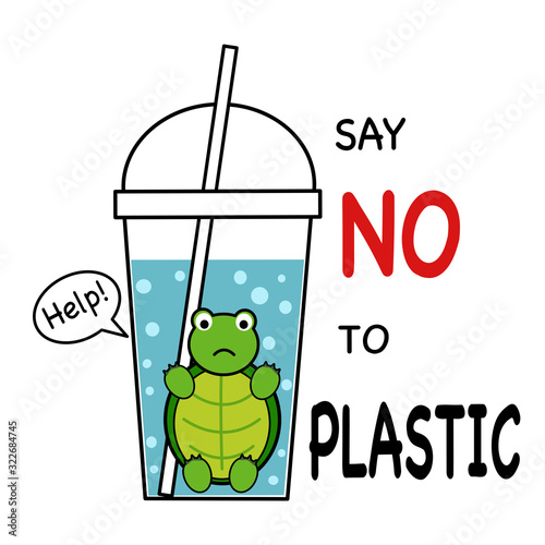 Say no to plastic concept vector illustration in doodle style. Sea turtle is in plastic cup on white background. World environment protection. Stop plastic pollution.