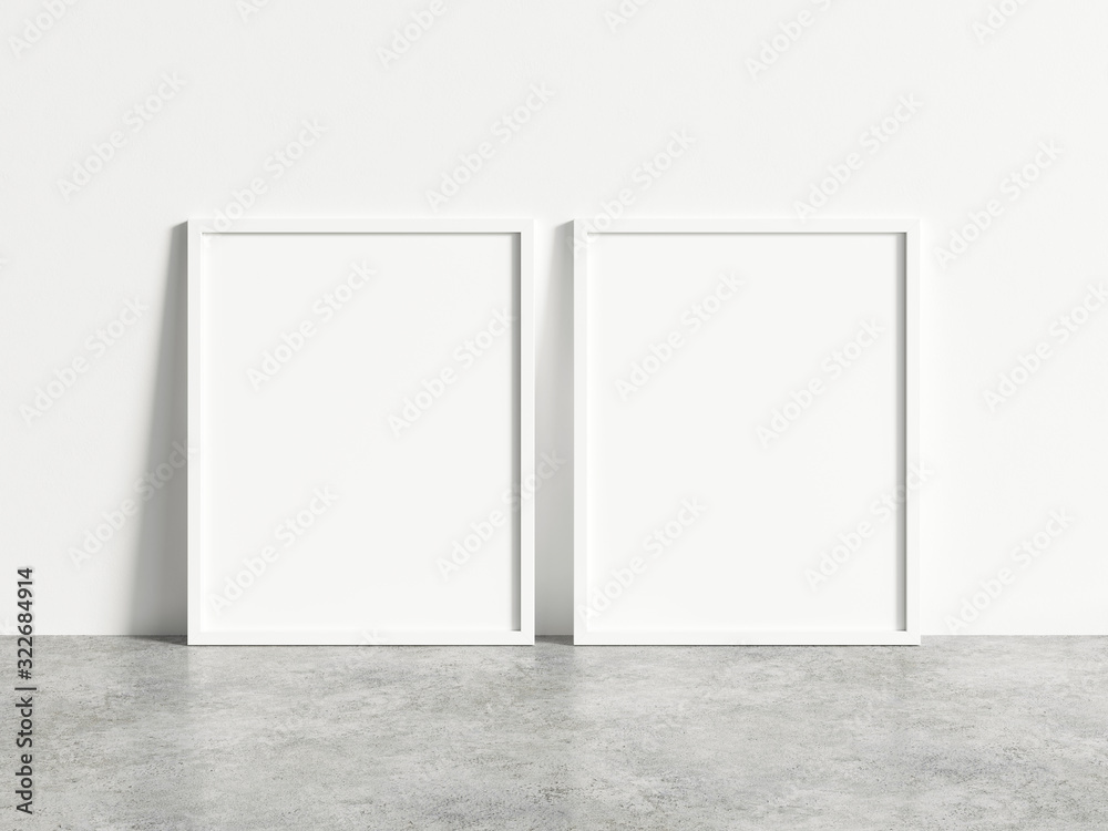Two vertical white frame mock up on concrete floor. Blank two white frame. 3d illustrations. Two vertical white frame mock up on concrete floor. Blank two white frame. 3d illustrations.