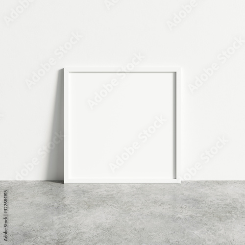 Fototapeta Naklejka Na Ścianę i Meble -  Square empty white frame mock up on concrete floor. Blank frame mock up. 3d illustrations.