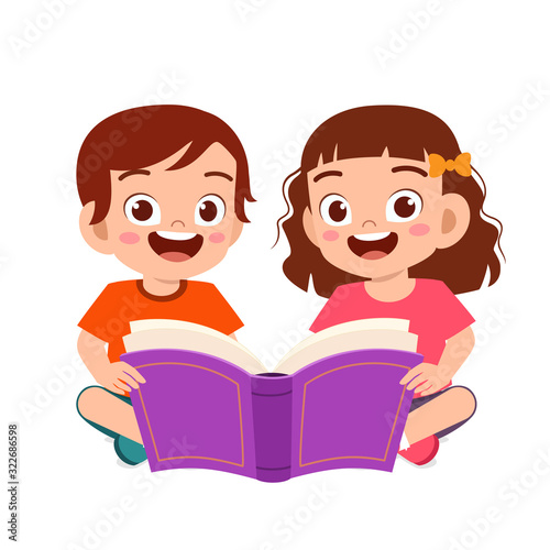 happy cute little kids boy and girl read book