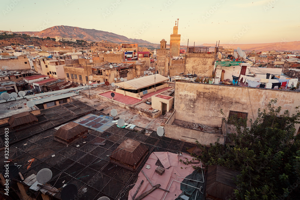 Fototapeta premium View of Fez City from the roof top terrace. Fes el Bali Medina, Morocco, Africa.