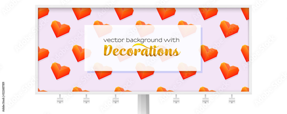Billboard with pattern from flying hearts. Red hearts from folded paper, ornament for Valentine s day. Template for promotion, advertising, banners. Vector 3d illustration.