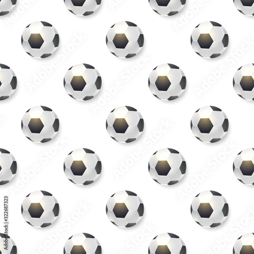 Seamless pattern from football balls. Balls for soccer isolated ob white background, seamless sports decoration. Template for t-shirts, fabric, wrapper, banners. Vector 3d illustration. © eriksvoboda