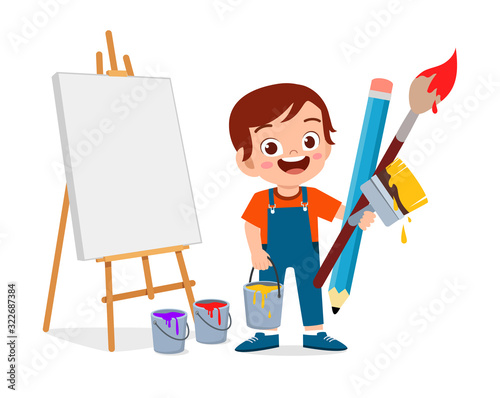 happy cute little kid boy paint artist