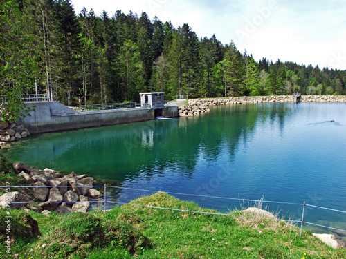 A small artificial lake on the Ijentaler Bach stream in the Obertoggenburg region, Nesslau - Canton of St. Gallen, Switzerland photo