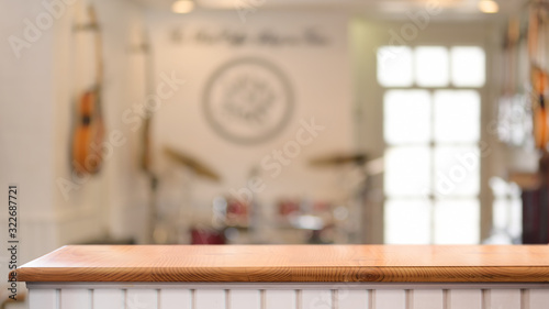 Close up view of interior music shop and wooden counter