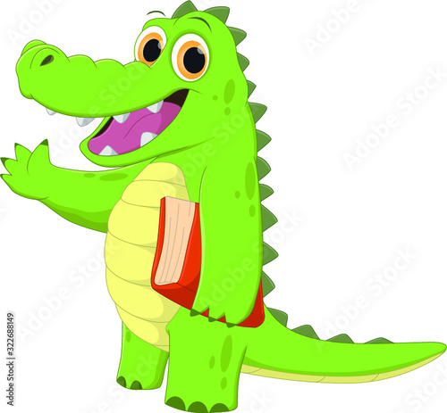 happy cartoon crocodile waving with a book