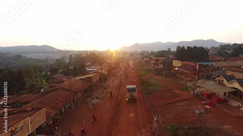 Aerial view of a rural village in Uganda during sunrise