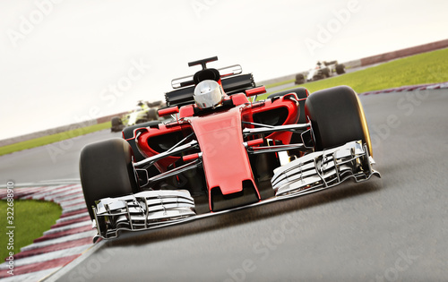 Motor sports competitive team racing. Fast moving generic race car leading the pack racing down the track with motion blur. 3d rendering with room for text or copy space 