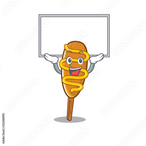 A corn dog mascot picture raised up board