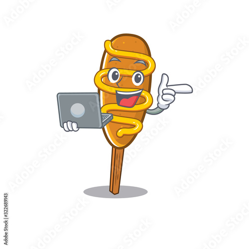 Cool character of corn dog working with laptop