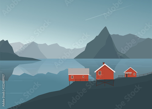 Fototapeta Naklejka Na Ścianę i Meble -  house with background of lakes and mountains in norway - vector illustration