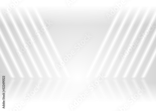 Grey and white smooth stripes abstract tech background with reflection. Vector futuristic light design