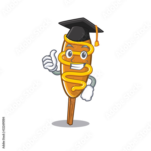 happy and proud of corn dog wearing a black Graduation hat