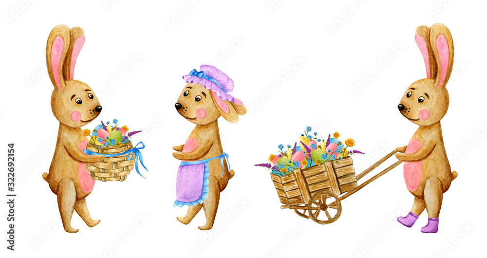Naklejka premium Easter set with watercolor beige rabbits. Children's illustration on a white background