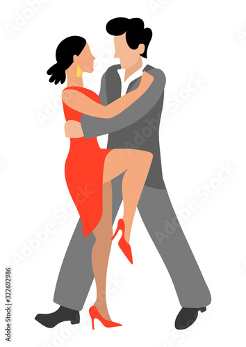 Vector illustration with a passionate couple who dance tango in flat style. A sexy woman in a high heeled dress and a man in a gray suit are dancing together