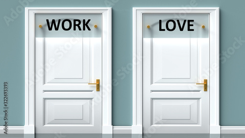 Work and love as a choice - pictured as words Work, love on doors to show that Work and love are opposite options while making decision, 3d illustration