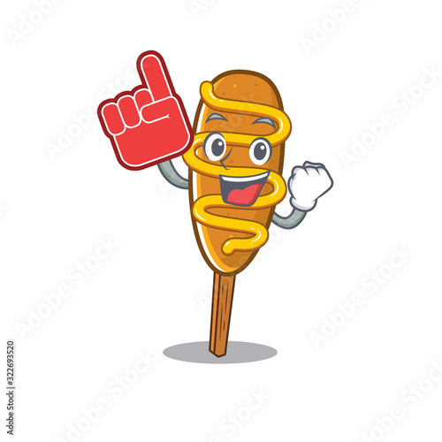 A picture of corn dog mascot cartoon design holding a Foam finger
