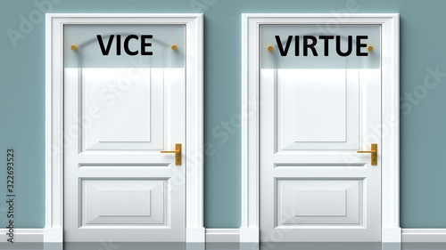 Vice and virtue as a choice - pictured as words Vice, virtue on doors to show that Vice and virtue are opposite options while making decision, 3d illustration