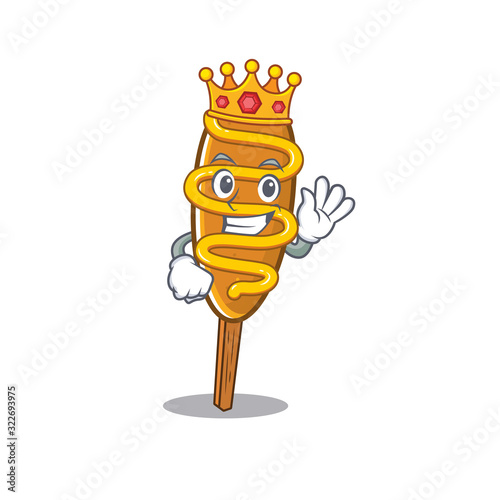 A cartoon mascot design of corn dog performed as a King on the stage