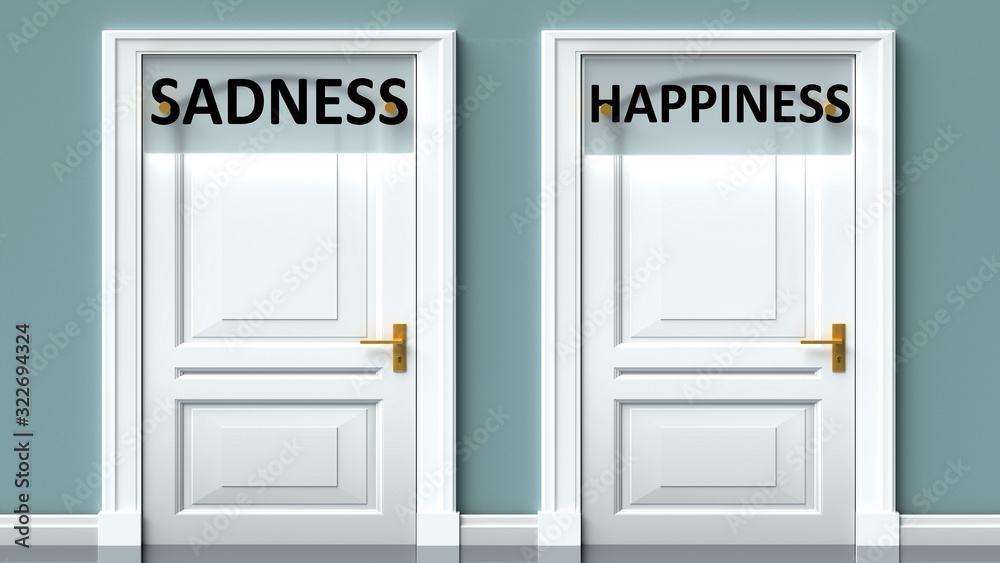 Sadness and happiness as a choice - pictured as words Sadness, happiness on doors to show that Sadness and happiness are opposite options while making decision, 3d illustration Sadness and happiness as a choice - pictured as words Sadness, happiness on doors to show that Sadness and happiness are opposite options while making decision, 3d illustration