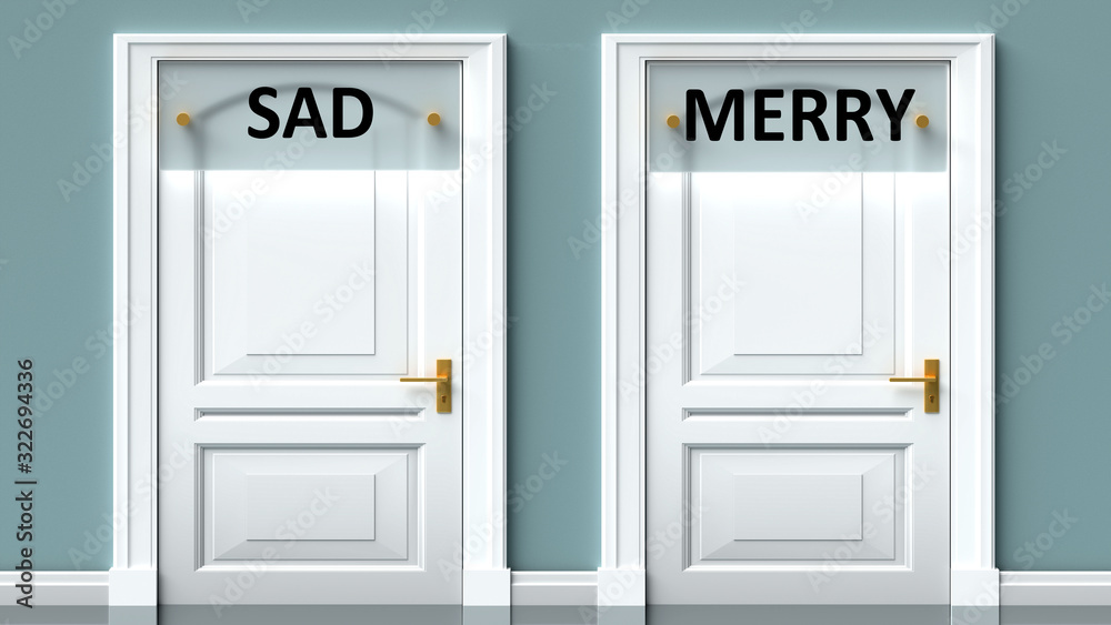 Sad and merry as a choice - pictured as words Sad, merry on doors to show that Sad and merry are opposite options while making decision, 3d illustration