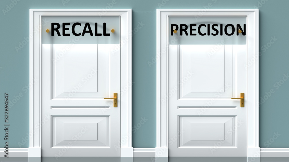 Recall and precision as a choice - pictured as words Recall, precision on doors to show that Recall and precision are opposite options while making decision, 3d illustration Recall and precision as a choice - pictured as words Recall, precision on doors to show that Recall and precision are opposite options while making decision, 3d illustration