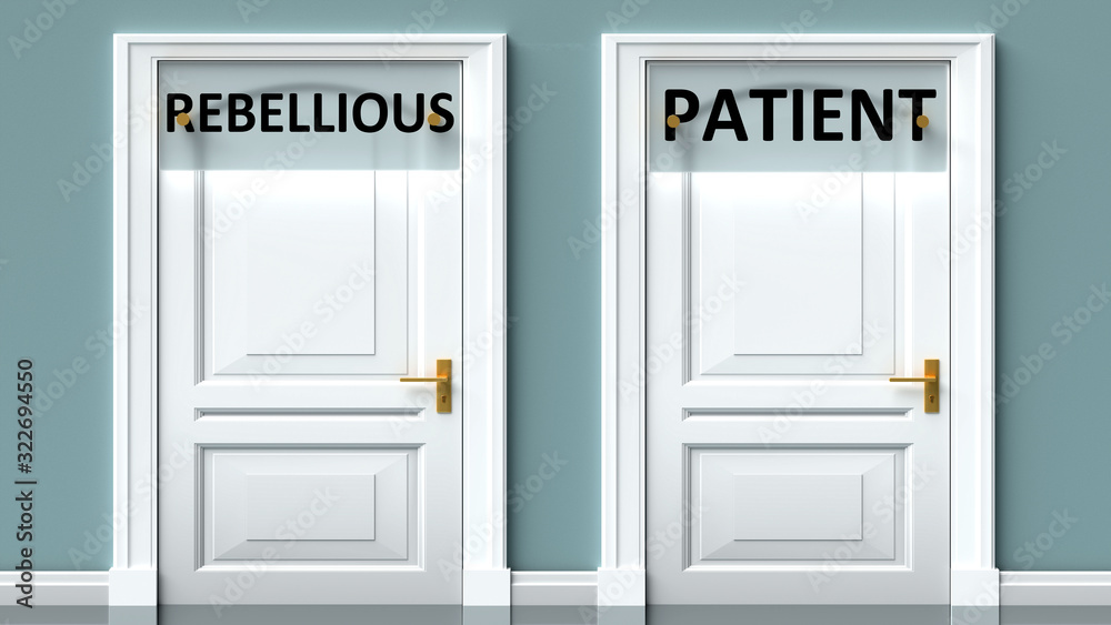 Rebellious and patient as a choice - pictured as words Rebellious, patient on doors to show that Rebellious and patient are opposite options while making decision, 3d illustration Rebellious and patient as a choice - pictured as words Rebellious, patient on doors to show that Rebellious and patient are opposite options while making decision, 3d illustration