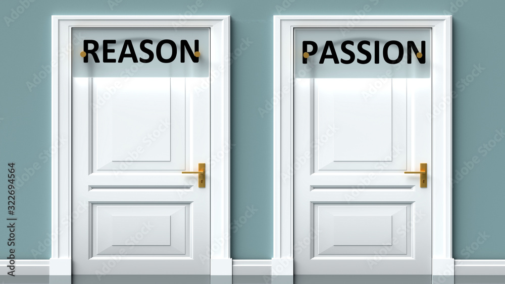 Reason and passion as a choice - pictured as words Reason, passion on doors to show that Reason and passion are opposite options while making decision, 3d illustration Reason and passion as a choice - pictured as words Reason, passion on doors to show that Reason and passion are opposite options while making decision, 3d illustration