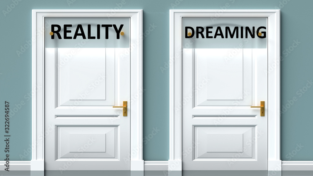 Reality and dreaming as a choice - pictured as words Reality, dreaming on doors to show that Reality and dreaming are opposite options while making decision, 3d illustration Reality and dreaming as a choice - pictured as words Reality, dreaming on doors to show that Reality and dreaming are opposite options while making decision, 3d illustration