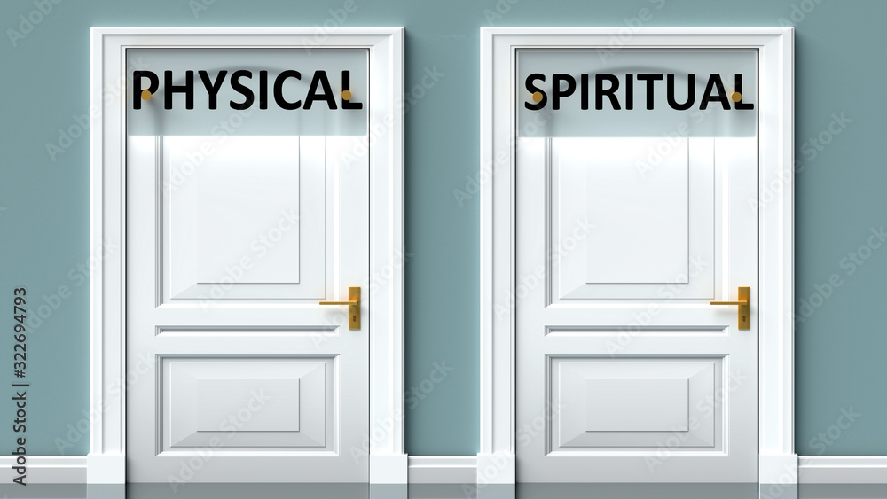 Physical and spiritual as a choice - pictured as words Physical, spiritual on doors to show that Physical and spiritual are opposite options while making decision, 3d illustration