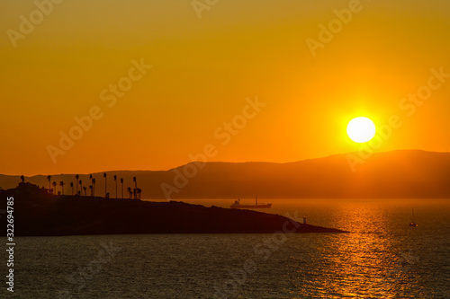 navigable strait between the islands at sunset