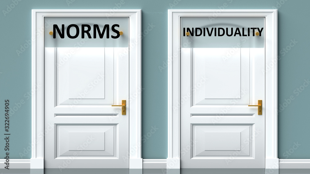 Norms and individuality as a choice - pictured as words Norms, individuality on doors to show that Norms and individuality are opposite options while making decision, 3d illustration Norms and individuality as a choice - pictured as words Norms, individuality on doors to show that Norms and individuality are opposite options while making decision, 3d illustration