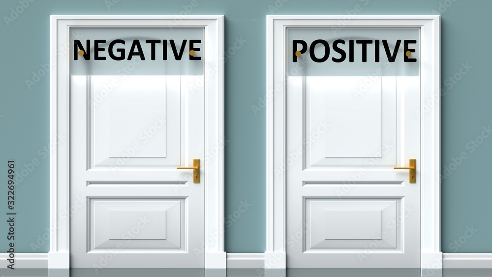 Negative and positive as a choice - pictured as words Negative, positive on doors to show that Negative and positive are opposite options while making decision, 3d illustration Negative and positive as a choice - pictured as words Negative, positive on doors to show that Negative and positive are opposite options while making decision, 3d illustration
