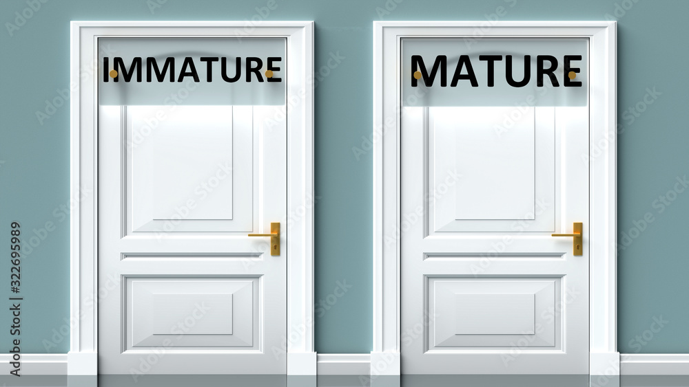 Immature and mature as a choice - pictured as words Immature, mature on doors to show that Immature and mature are opposite options while making decision, 3d illustration Immature and mature as a choice - pictured as words Immature, mature on doors to show that Immature and mature are opposite options while making decision, 3d illustration