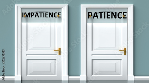 Impatience and patience as a choice - pictured as words Impatience, patience on doors to show that Impatience and patience are opposite options while making decision, 3d illustration