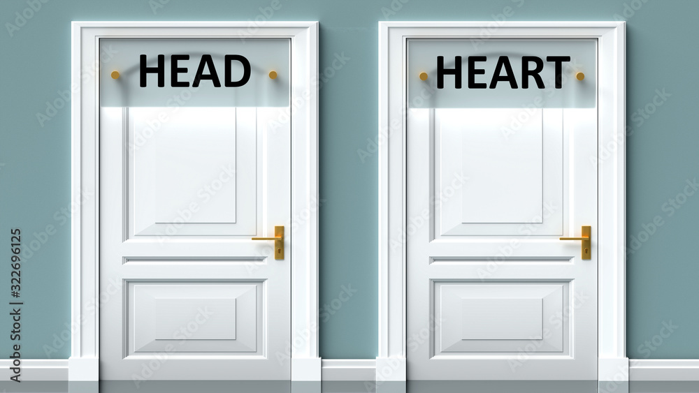 Head and heart as a choice - pictured as words Head, heart on doors to show that Head and heart are opposite options while making decision, 3d illustration Head and heart as a choice - pictured as words Head, heart on doors to show that Head and heart are opposite options while making decision, 3d illustration