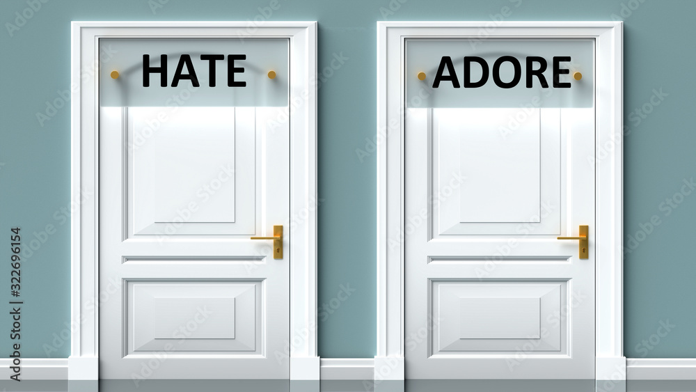 Hate and adore as a choice - pictured as words Hate, adore on doors to show that Hate and adore are opposite options while making decision, 3d illustration Hate and adore as a choice - pictured as words Hate, adore on doors to show that Hate and adore are opposite options while making decision, 3d illustration