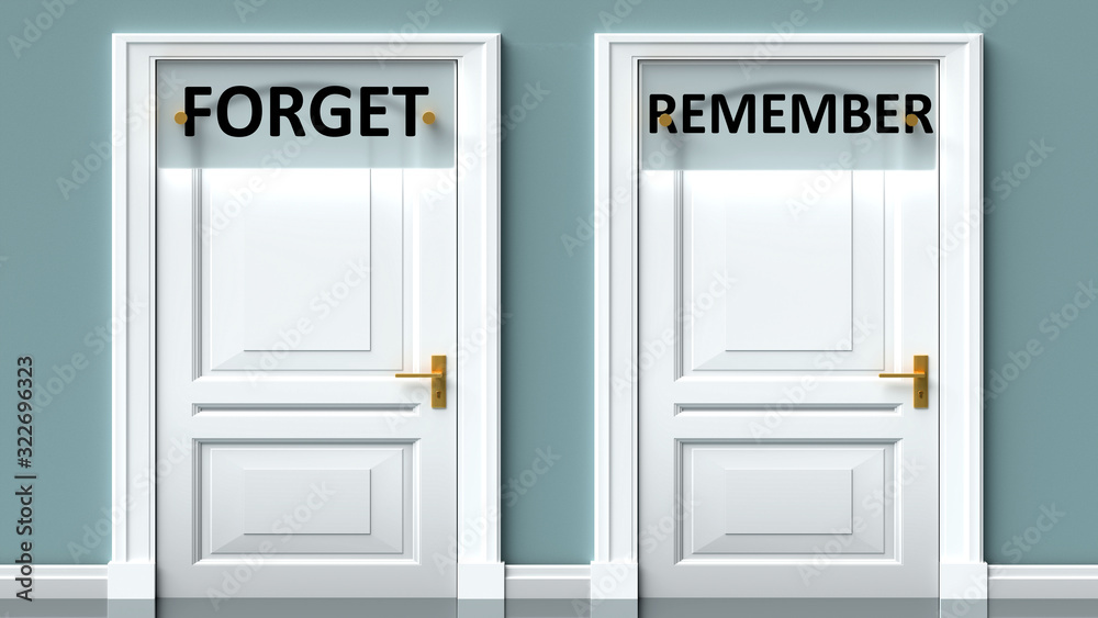 Forget and remember as a choice - pictured as words Forget, remember on doors to show that Forget and remember are opposite options while making decision, 3d illustration Forget and remember as a choice - pictured as words Forget, remember on doors to show that Forget and remember are opposite options while making decision, 3d illustration