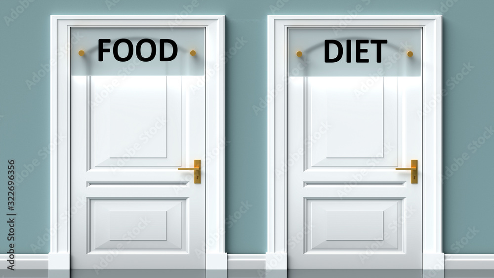 Food and diet as a choice - pictured as words Food, diet on doors to show that Food and diet are opposite options while making decision, 3d illustration Food and diet as a choice - pictured as words Food, diet on doors to show that Food and diet are opposite options while making decision, 3d illustration