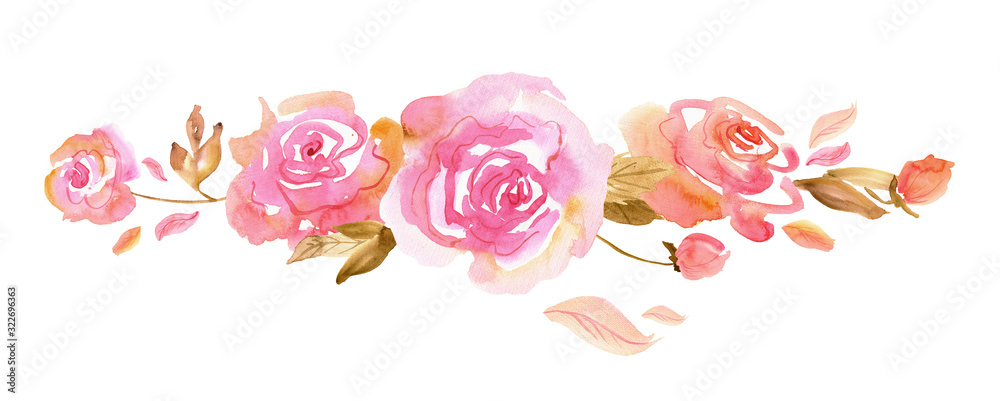 Watercolor hand painted pink roses on a white  background. Background for invitation,  greeting card