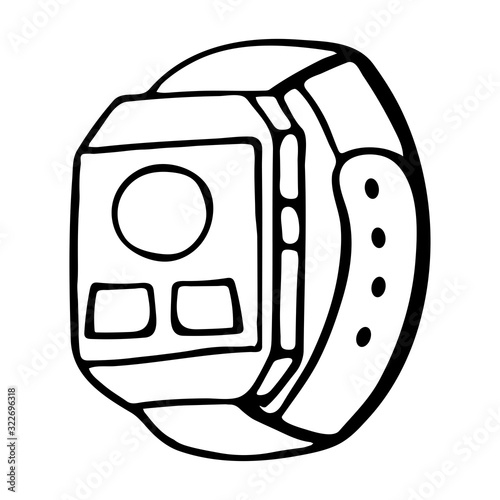 Fitness tracker smart watch, cartoon doodle vector style. Modern stylish wearable device. isolated outline illustration