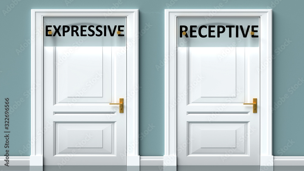 Expressive and receptive as a choice - pictured as words Expressive, receptive on doors to show that Expressive and receptive are opposite options while making decision, 3d illustration Expressive and receptive as a choice - pictured as words Expressive, receptive on doors to show that Expressive and receptive are opposite options while making decision, 3d illustration