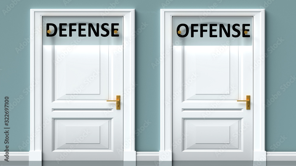 Defense and offense as a choice - pictured as words Defense, offense on doors to show that Defense and offense are opposite options while making decision, 3d illustration Defense and offense as a choice - pictured as words Defense, offense on doors to show that Defense and offense are opposite options while making decision, 3d illustration