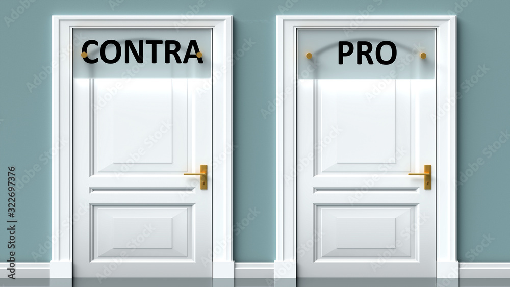 Contra and pro as a choice - pictured as words Contra, pro on doors to show that Contra and pro are opposite options while making decision, 3d illustration Contra and pro as a choice - pictured as words Contra, pro on doors to show that Contra and pro are opposite options while making decision, 3d illustration
