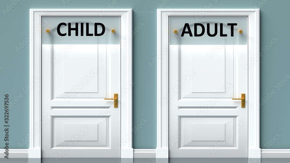 Child and adult as a choice - pictured as words Child, adult on doors to show that Child and adult are opposite options while making decision, 3d illustration Child and adult as a choice - pictured as words Child, adult on doors to show that Child and adult are opposite options while making decision, 3d illustration