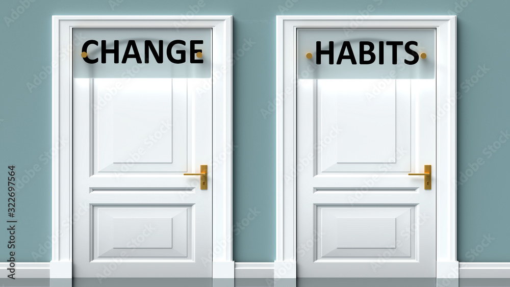 Change and habits as a choice - pictured as words Change, habits on doors to show that Change and habits are opposite options while making decision, 3d illustration Change and habits as a choice - pictured as words Change, habits on doors to show that Change and habits are opposite options while making decision, 3d illustration